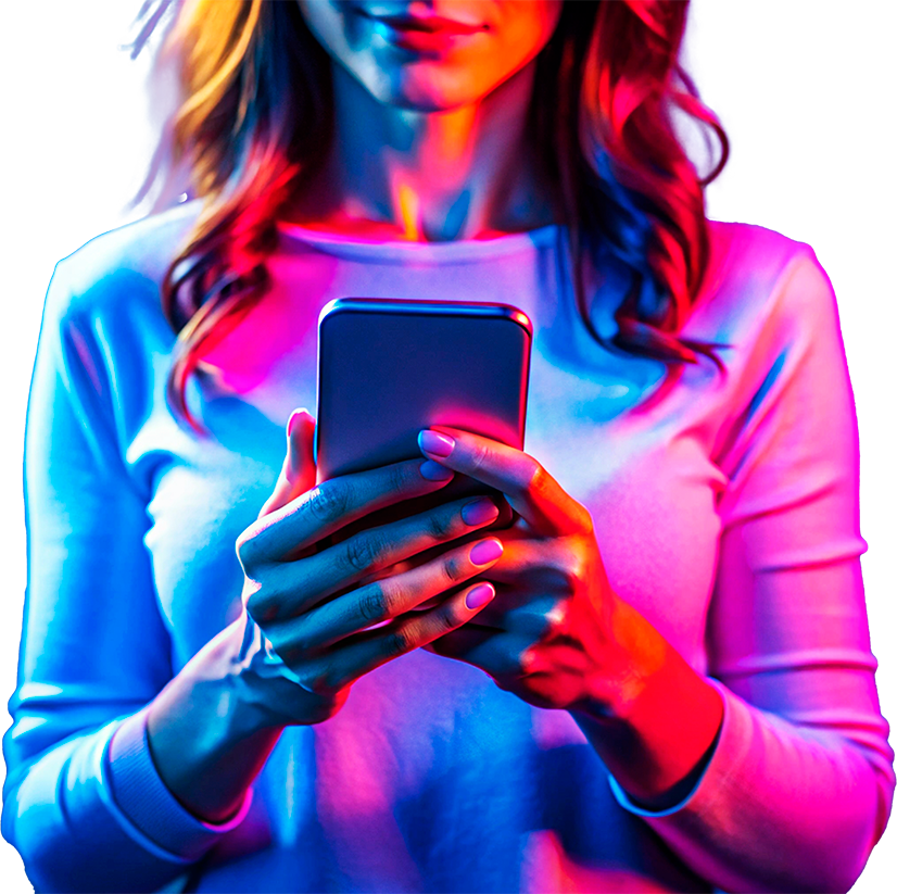 Pessoa usando smartphone com iluminação neon azul e rosa