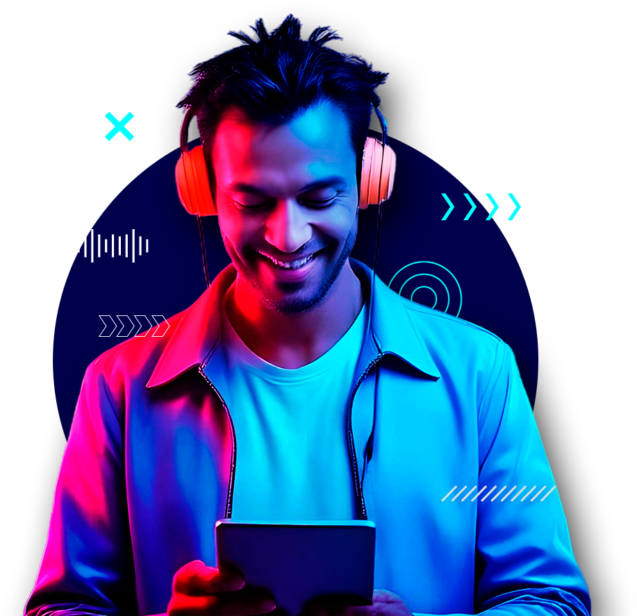 Homem sorrindo com fones de ouvido e iluminação neon azul e rosa