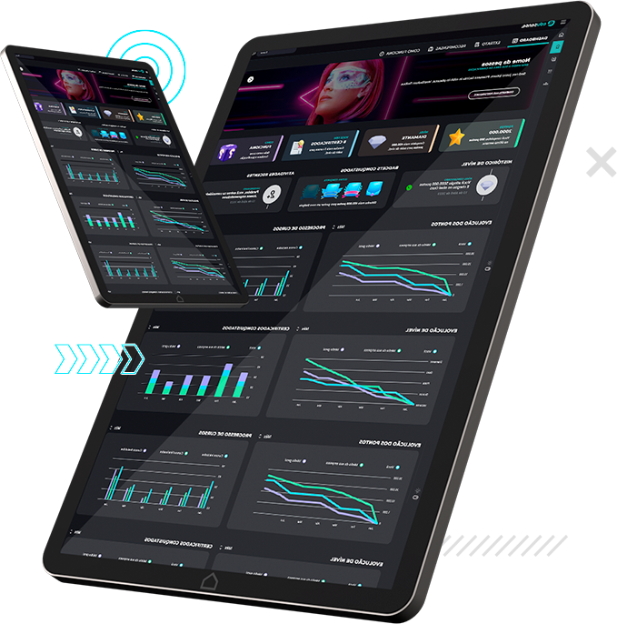 Tablet mostrando dashboard da plataforma com gráficos e métricas