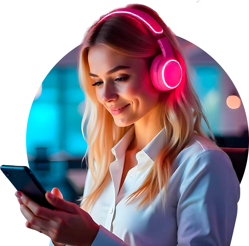 Mulher sorrindo com fones de ouvido rosa usando smartphone