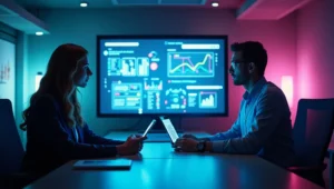 Cena corporativa futurista mostrando a diferença entre treinamento e desenvolvimento, com profissionais em sessão de capacitação e evolução de carreira, em ambiente moderno com luzes neon.