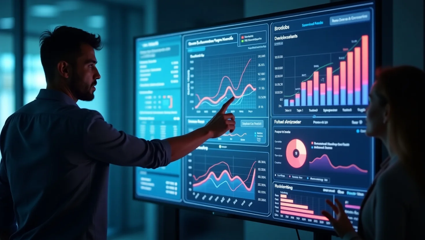 Gestor de RH apresentando indicadores de treinamento e desenvolvimento em tela digital futurista com gráficos e métricas em neon, representando a análise de performance corporativa.