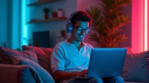 Homem jovem estudando no laptop com fones de ouvido, fazendo anotações em um ambiente moderno