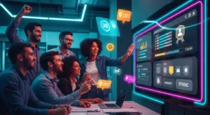Equipe interagindo com plataforma de aprendizagem gamificada em ambiente corporativo moderno, representando engajamento e desenvolvimento de talentos