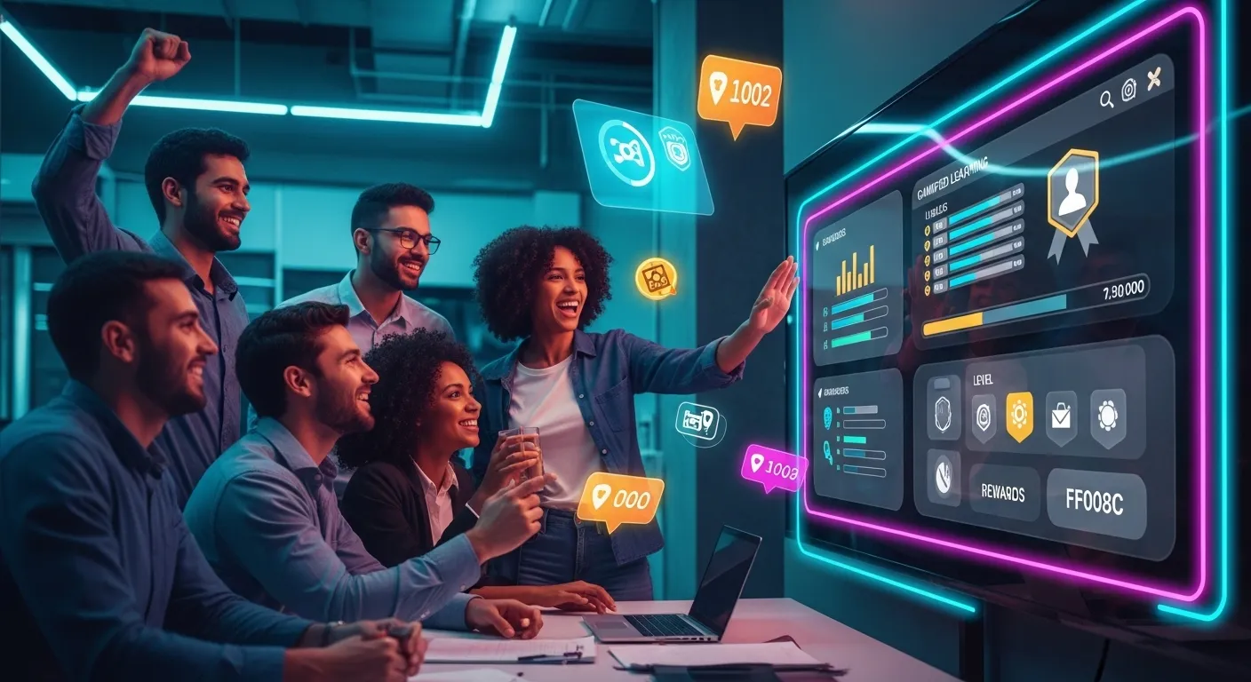 Equipe interagindo com plataforma de aprendizagem gamificada em ambiente corporativo moderno, representando engajamento e desenvolvimento de talentos