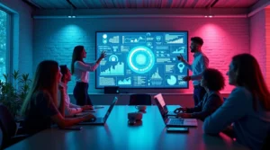 Equipe corporativa interagindo com painel de gamificação, rankings e badges em um ambiente moderno de aprendizagem empresarial.