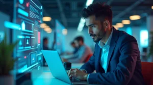 Profissional estudando no computador com trilhas digitais de aprendizagem e indicadores de habilidades em um ambiente corporativo moderno.