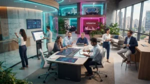 Equipe colaborando de forma autônoma enquanto líder adota um estilo de liderança liberal em ambiente corporativo moderno, promovendo confiança, autonomia e desenvolvimento profissional.