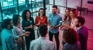Dinâmica de quebra-gelo em equipe corporativa promovendo engajamento, colaboração e integração entre colaboradores