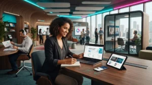 Profissional realizando autoaprendizagem em ambiente corporativo moderno com plataforma de aprendizagem personalizada e apoio de inteligência artificial para desenvolvimento contínuo.