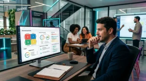 Profissional analisando perfil comportamental DISC em ambiente corporativo moderno com foco em desenvolvimento profissional.