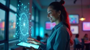 Educadora interagindo com holograma de inteligência artificial em ambiente moderno, representando o papel da IA na educação e aprendizagem.