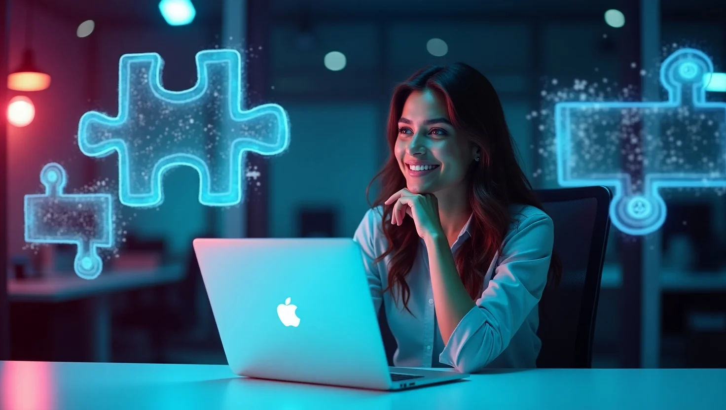 Capa de blogpost mostrando uma profissional analisando lacunas de conhecimento em laptop, com gráficos digitais e ícones holográficos em ambiente corporativo moderno, com tons neon em azul e magenta.