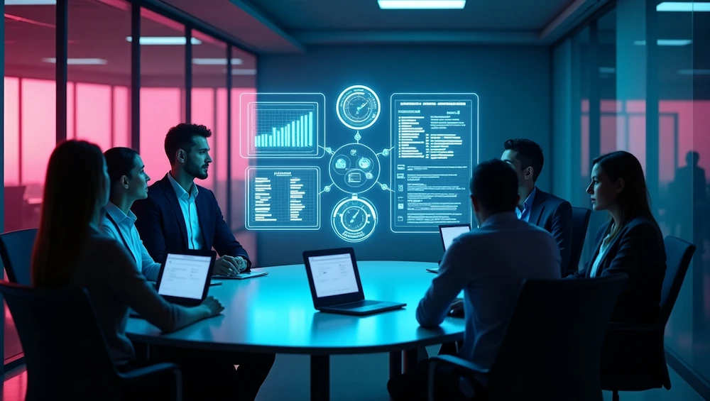 Capa futurista mostrando equipe usando ferramentas digitais de gestão de projetos com painel holográfico moderno e luzes neon.