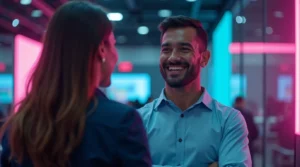 Líder carismático brasileiro em ambiente corporativo moderno, transmitindo confiança e motivação, representando o conceito de liderança carismática que inspira e engaja equipes