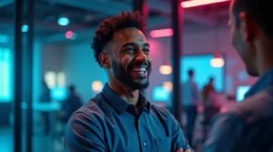 Profissional brasileiro demonstrando empatia e confiança em ambiente corporativo moderno, representando o conceito de liderança servidora que inspira e transforma equipes