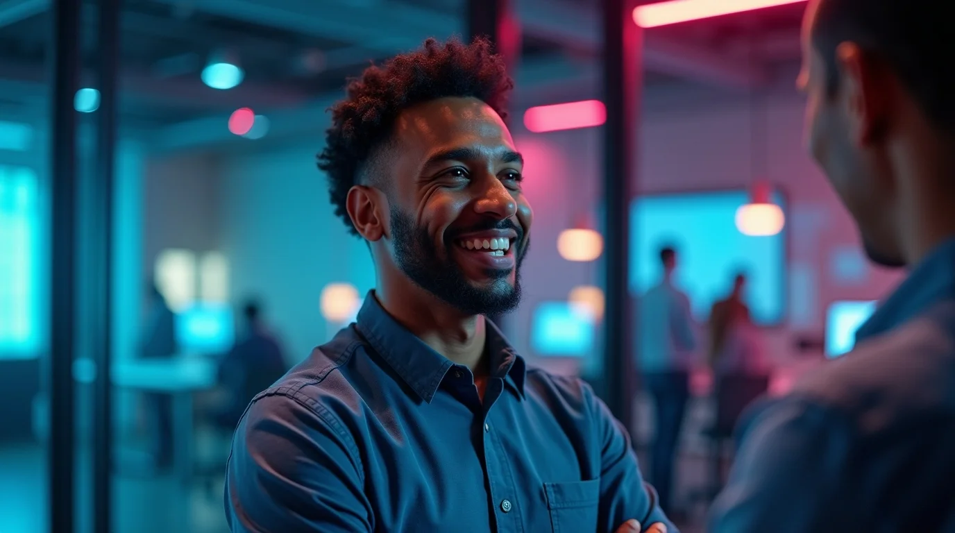 Profissional brasileiro demonstrando empatia e confiança em ambiente corporativo moderno, representando o conceito de liderança servidora que inspira e transforma equipes