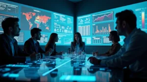 Profissionais em ambiente corporativo moderno analisando dados e indicadores de conformidade e aprendizagem em telas digitais, representando a adaptação das empresas à nova NR-1 com apoio da Edusense.