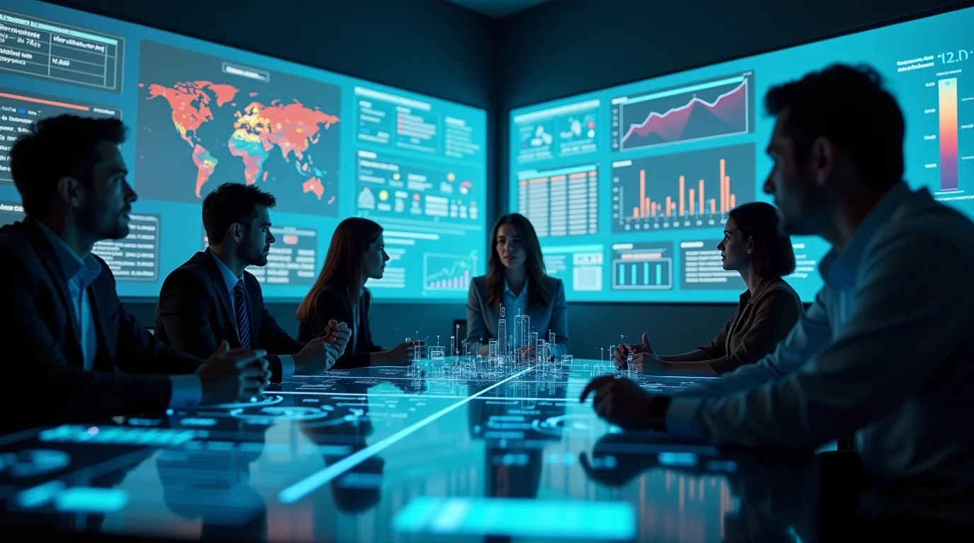 Profissionais em ambiente corporativo moderno analisando dados e indicadores de conformidade e aprendizagem em telas digitais, representando a adaptação das empresas à nova NR-1 com apoio da Edusense.