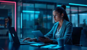 Analista de RH avaliando currículo em escritório moderno com elementos visuais de tecnologia educacional.