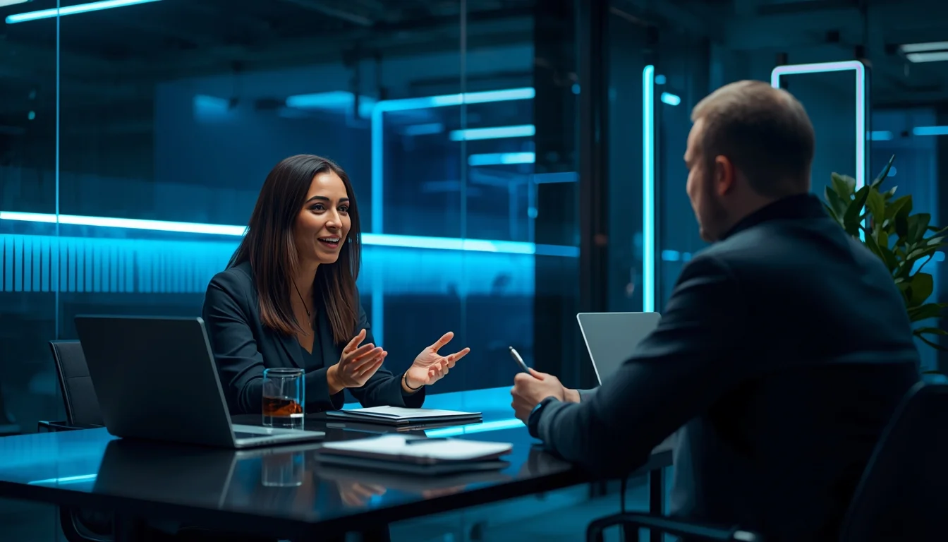 Analista de RH realizando reunião de feedback positivo com colaborador em escritório corporativo moderno com iluminação neon.