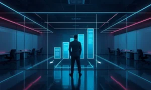 Profissional analisando plano de desenvolvimento individual em escritório corporativo moderno com iluminação neon azul e magenta.