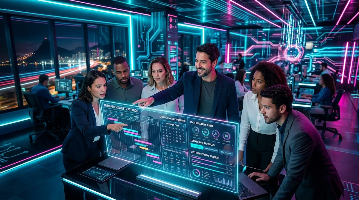 Equipe organizando cronograma de treinamento com interface digital em ambiente corporativo futurista com iluminação neon