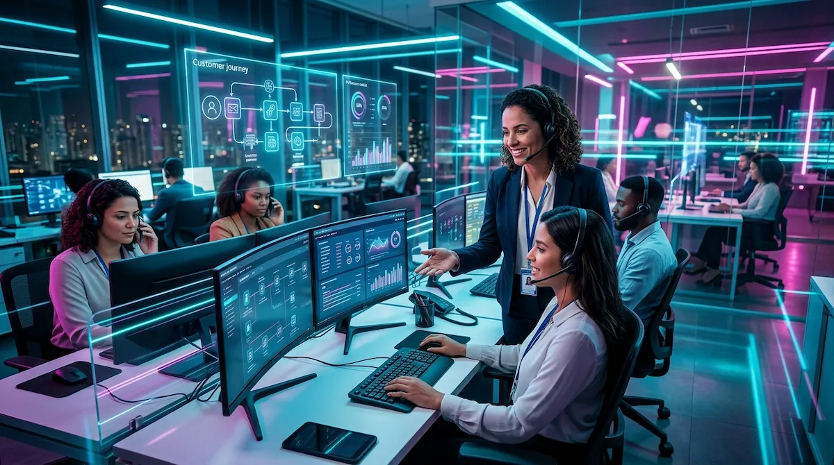 Treinamento de atendimento ao cliente com equipe em ambiente corporativo futurista utilizando tecnologia e simulações práticas