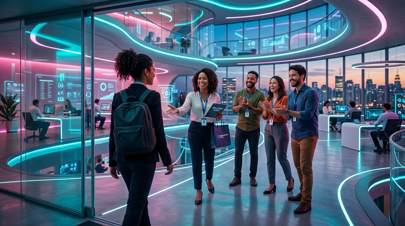 Novo colaborador sendo integrado à equipe em ambiente corporativo futurista com atmosfera acolhedora e tecnológica
