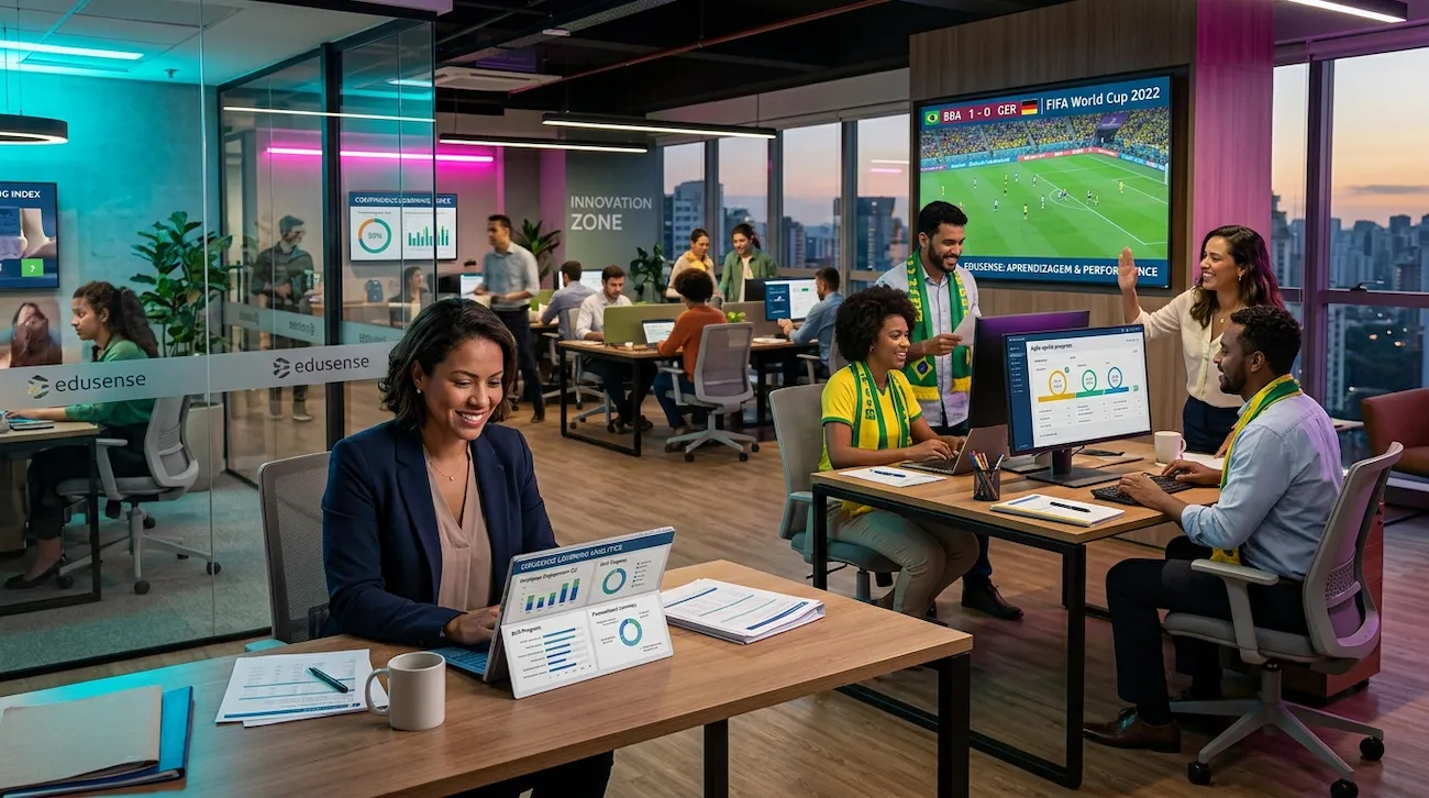 Equipe corporativa engajada e produtiva durante a Copa do Mundo em ambiente de trabalho moderno com foco em colaboração e desempenho.