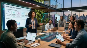 Profissionais desenvolvendo competências do futuro em ambiente corporativo moderno com apoio de aprendizagem contínua e inteligência artificial.