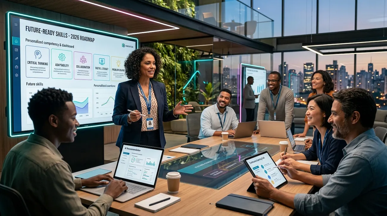 Profissionais desenvolvendo competências do futuro em ambiente corporativo moderno com apoio de aprendizagem contínua e inteligência artificial.