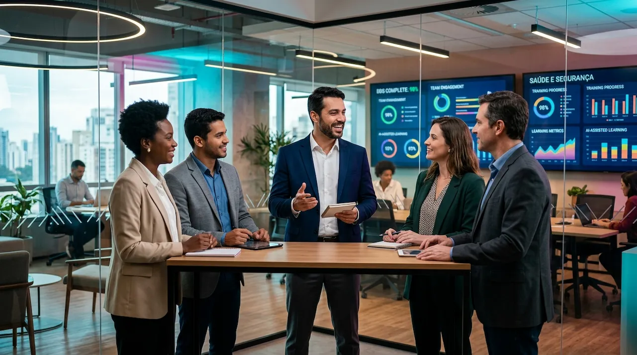 Profissionais em reunião de DDS sobre trabalho em equipe em escritório corporativo moderno com apoio de tecnologia para treinamentos contínuos.
