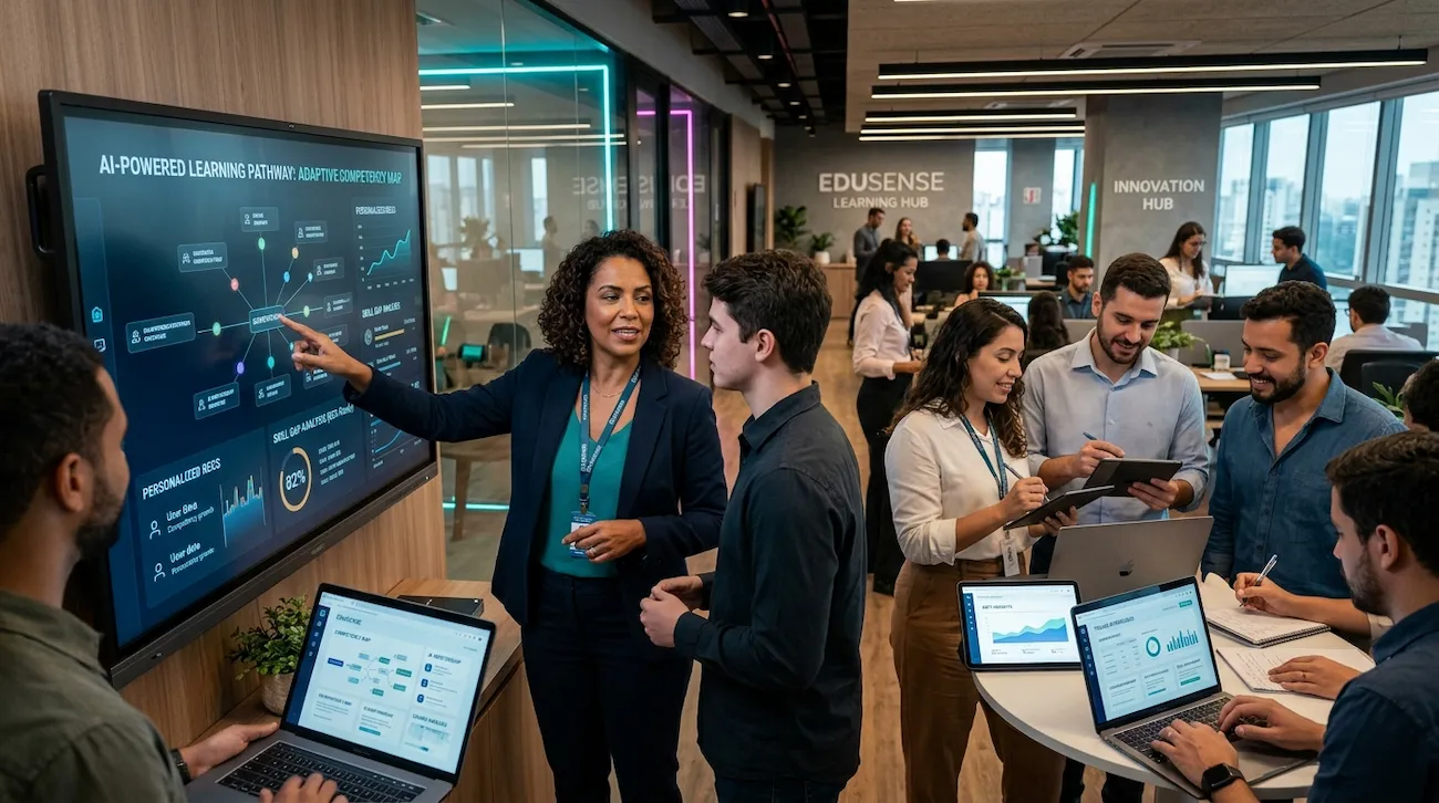 Profissionais utilizando inteligência artificial para personalizar a aprendizagem e desenvolver competências em ambiente corporativo moderno.