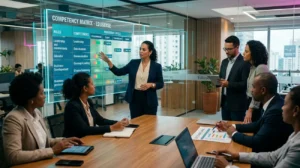 Equipe de RH analisando matriz de competências para mapear habilidades e planejar o desenvolvimento de colaboradores em ambiente corporativo moderno.
