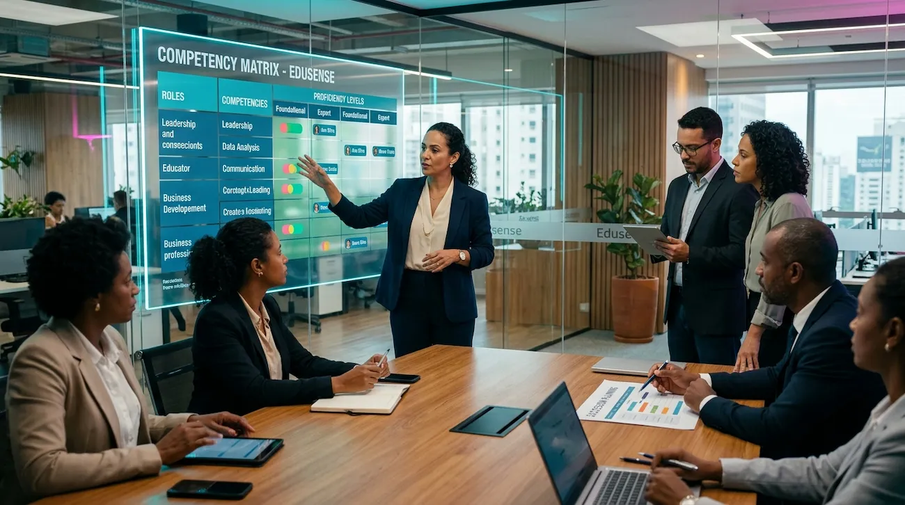 Equipe de RH analisando matriz de competências para mapear habilidades e planejar o desenvolvimento de colaboradores em ambiente corporativo moderno.