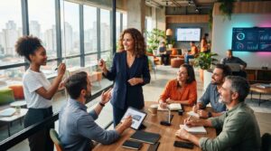 Profissionais compartilham conhecimento e aprendem de forma colaborativa em ambiente corporativo moderno, fortalecendo o Social Learning e o desenvolvimento contínuo.