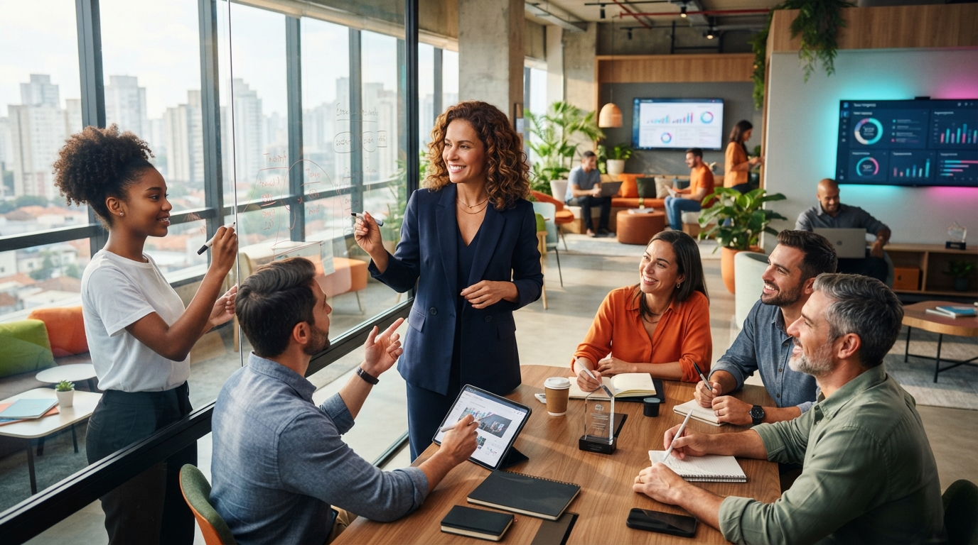 Profissionais compartilham conhecimento e aprendem de forma colaborativa em ambiente corporativo moderno, fortalecendo o Social Learning e o desenvolvimento contínuo.