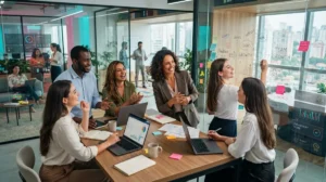 Líder conduz equipe engajada em colaboração e troca de ideias em ambiente corporativo moderno, promovendo motivação, produtividade e desenvolvimento contínuo.