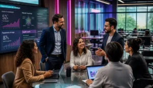 Líder conduzindo equipe em ambiente corporativo moderno com foco em colaboração, desenvolvimento de pessoas e aprendizagem contínua.