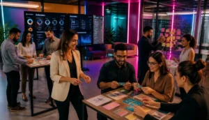 Profissionais participando de dinâmicas para trabalho em equipe em ambiente corporativo moderno, fortalecendo colaboração, comunicação e desenvolvimento de competências.