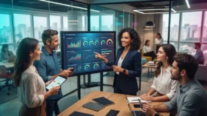 Gestora de treinamento analisa indicadores de satisfação e experiência dos colaboradores após capacitação em ambiente corporativo moderno.