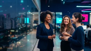 Três profissionais em um ambiente corporativo moderno, representando desenvolvimento organizacional, colaboração, mentoria e crescimento profissional.