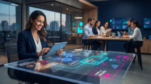Profissionais brasileiros em um ambiente corporativo moderno analisando uma interface digital que representa os quatro níveis de avaliação do Modelo de Kirkpatrick, relacionados à aprendizagem e aos resultados de treinamentos.