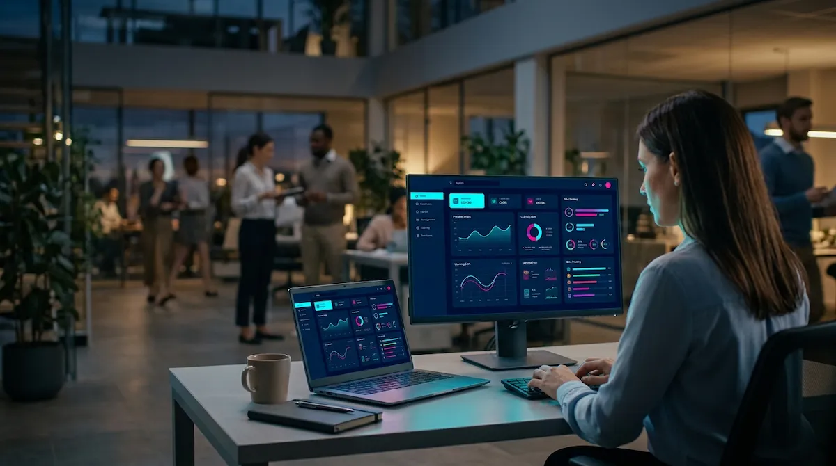 Profissional utilizando uma plataforma digital para gerenciar treinamentos corporativos, acompanhar indicadores de aprendizagem e monitorar o desenvolvimento das equipes.