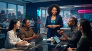 Líder brasileira conversa com uma equipe em um escritório moderno, representando diferentes estilos de liderança, colaboração e desenvolvimento profissional.